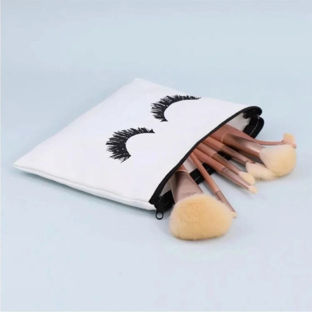 FREE 💫 Eyelash Print Canvas Cosmetics Makeup Bag in White